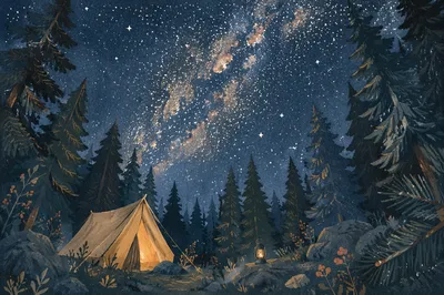 Milky Way Over Evergreen Forest Camp