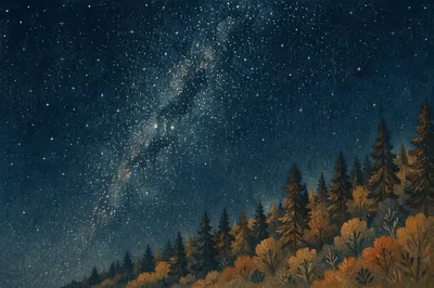 Starry Milky Way Above Evergreen Hillside