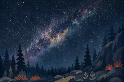 Milky Way Over Evergreen Forest Night