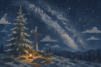 Evergreen Cross Beneath Milky Way Stars