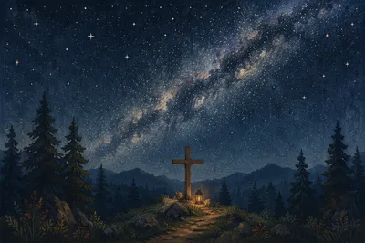Wooden Cross Beneath Milky Way Pines