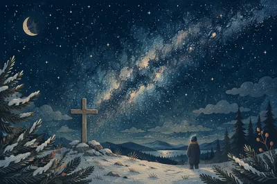 Wooden Cross Beneath Milky Way Pines