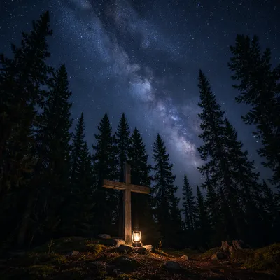 Wooden Cross Beneath Milky Way Pines