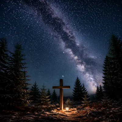 Wooden Cross Beneath Milky Way Pines