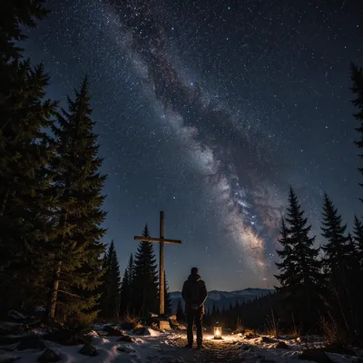 Wooden Cross Beneath Milky Way Pines