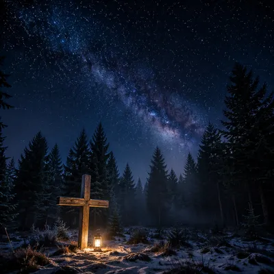 Wooden Cross Under Starry Milky Way