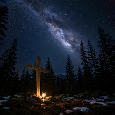 Milky Way Over Evergreen Forest Cross