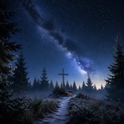 Wooden Cross Under Milky Way Pines