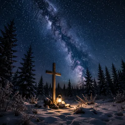 Wooden Cross Beneath Milky Way Forest Sky