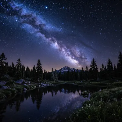 Milky Way Over Evergreen Forest Pond