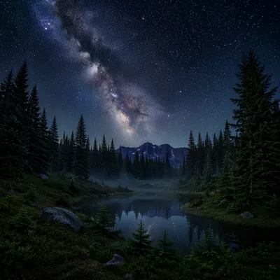Milky Way Over Evergreen Forest Pond