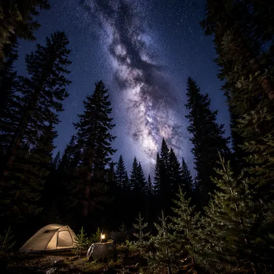 Milky Way Over Evergreen Forest Camp