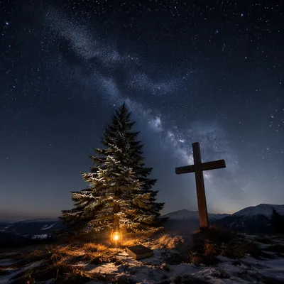 Evergreen Cross Beneath Milky Way Stars