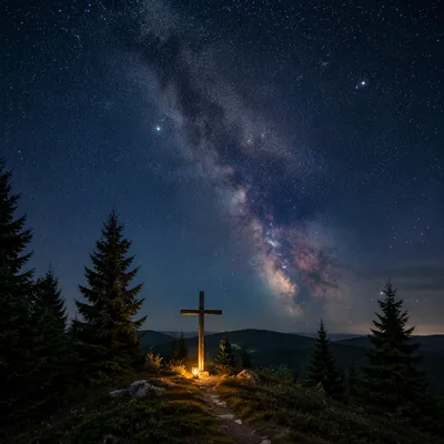 Wooden Cross Beneath Milky Way Pines