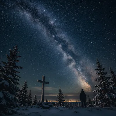Milky Way Over Snowy Forest Cross
