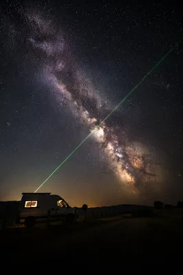 Milky Way Camper Under Emerald Beam