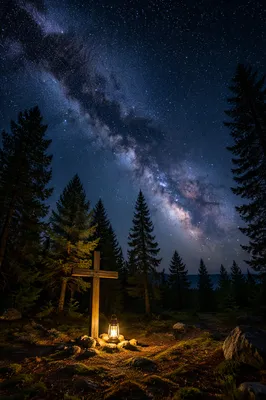 Milky Way Cross in Evergreen Forest