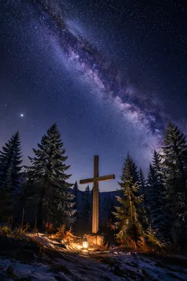 Wooden Cross Beneath Starry Milky Way