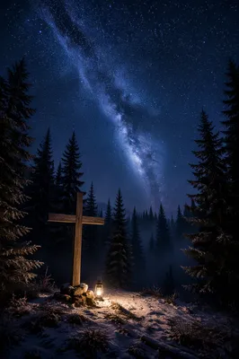 Wooden Cross Beneath Milky Way Pines