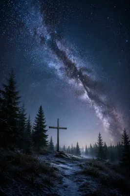 Wooden Cross Beneath Milky Way Pines