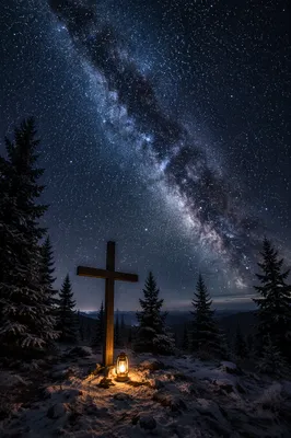 Wooden Cross Beneath Milky Way Pines