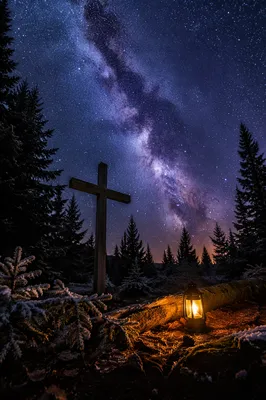 Wooden Cross Beneath Milky Way Pines
