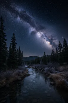Milky Way Over Evergreen Forest Clearing