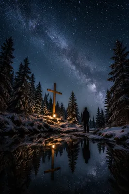 Milky Way Cross in Evergreen Forest
