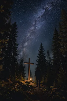 Milky Way Above Evergreen Prayer Cross