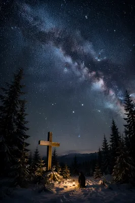 Milky Way Over Snowy Forest Cross