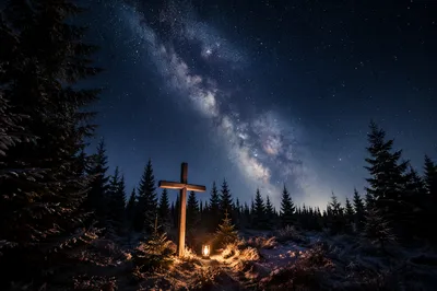Wooden Cross Beneath Milky Way Stars
