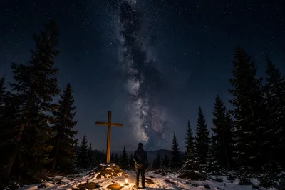 Wooden Cross Beneath Milky Way Pines