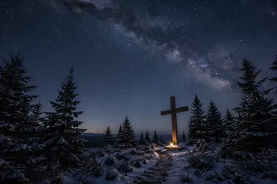 Wooden Cross Under Milky Way Pines