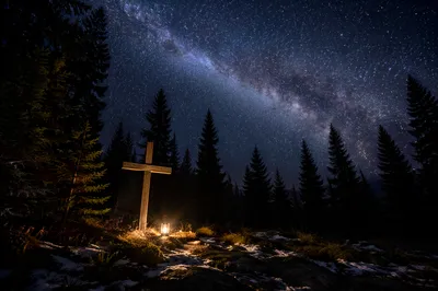 Wooden Cross Beneath Milky Way Pines