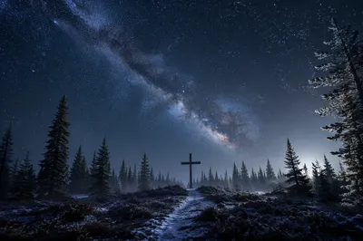 Wooden Cross Beneath Milky Way Forest