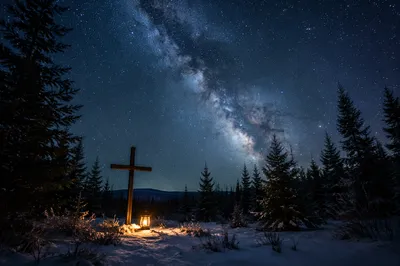Milky Way Over Evergreen Forest Cross