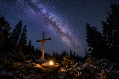 Wooden Cross Beneath Milky Way Pines