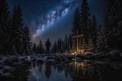 Milky Way Cross in Evergreen Forest