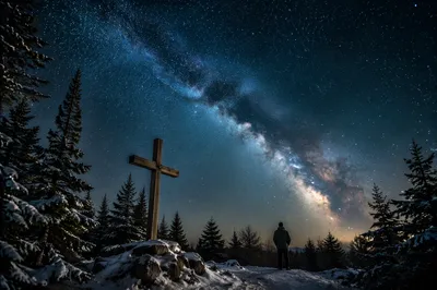 Milky Way Over Evergreen Forest Cross