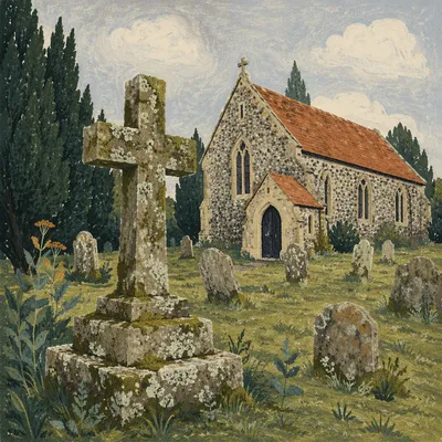 Weathered Stone Cross in Rural Cemetery