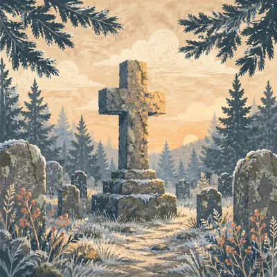 Weathered Stone Cross in Evergreen Cemetery