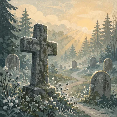 Weathered Stone Cross in Misty Evergreen Cemetery