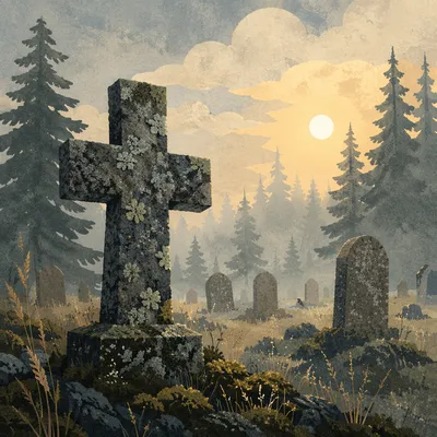 Weathered Stone Cross Among Evergreen Pines