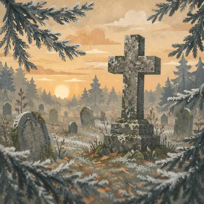 Weathered Stone Cross at Winter Dawn