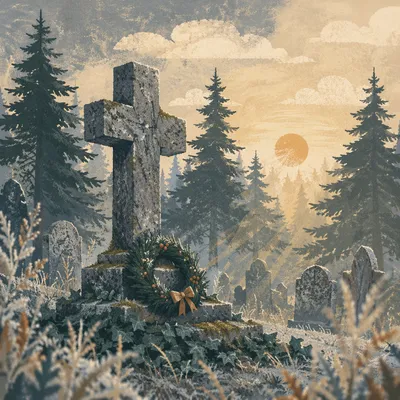 Weathered Stone Cross Among Evergreen Pines