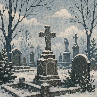 Weathered Stone Cross in Winter Cemetery