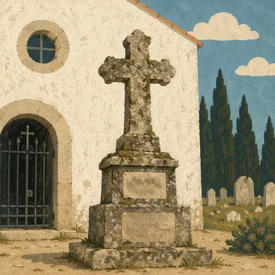 Weathered Stone Cross by White Chapel Wall