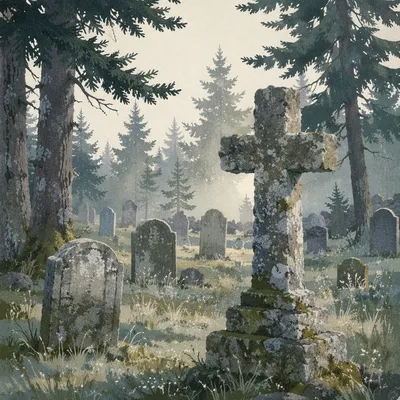 Weathered Stone Cross in Evergreen Cemetery