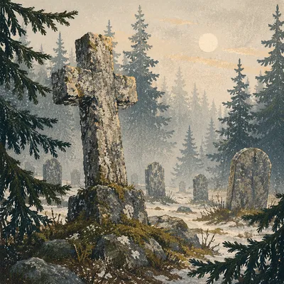 Weathered Stone Cross in Misty Evergreen Cemetery