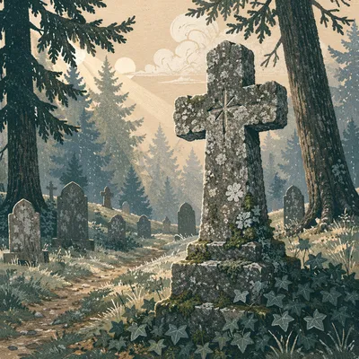 Weathered Stone Cross in Evergreen Cemetery